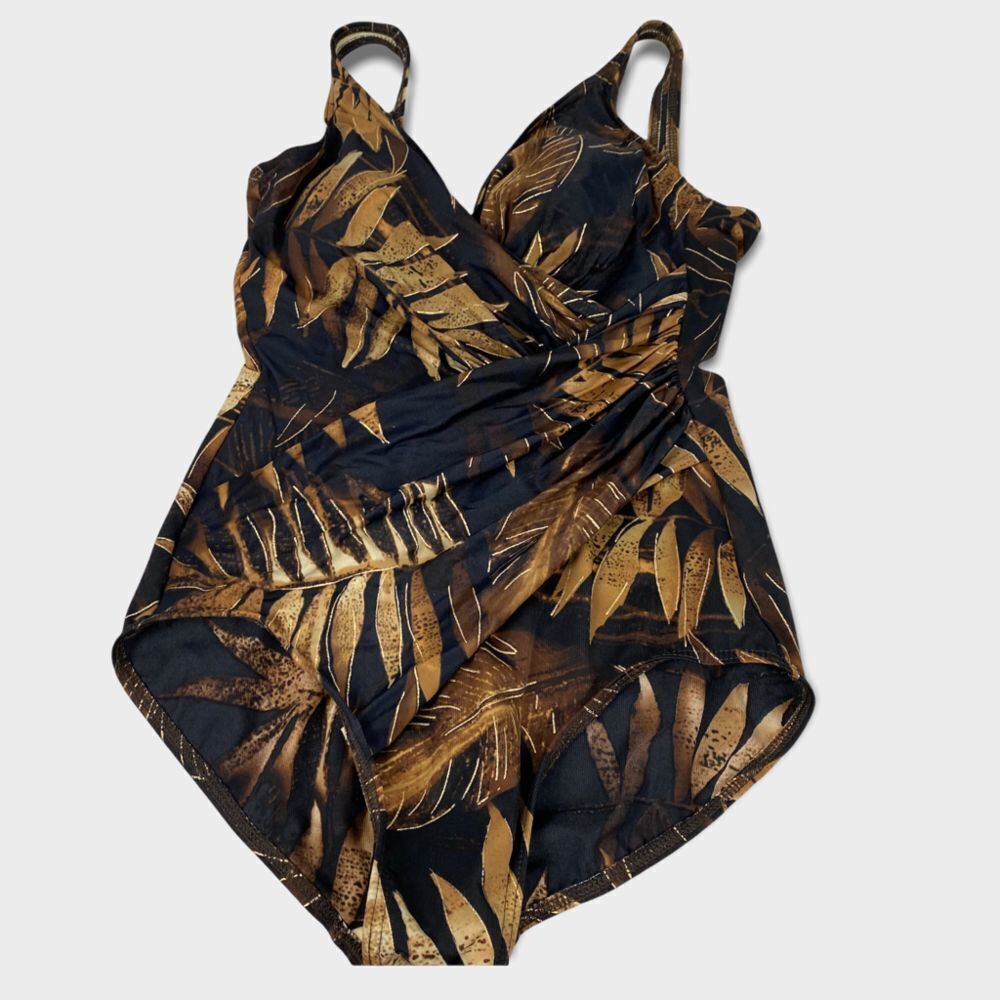 Miraclesuit One Piece Dark Brown Leaf Print Swimsuit size 12
